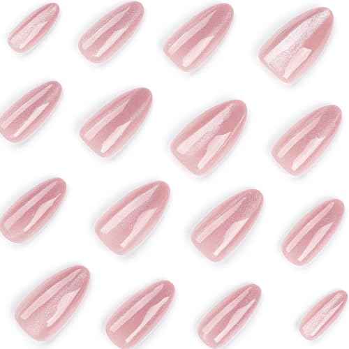Nails Press on, Nude Pink Girls Fake Nails with Cat's Eye Bright Colors Design, Acrylic Artificial False Nails Press Ons Short Press on Nails For Women