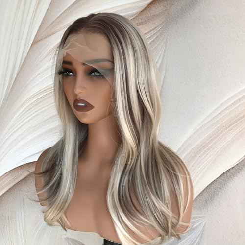 Blonde with Brown Lowlights 13x4 Synthetic Lace Front Wig Pre Plucked Hairline Blonde Blend Natural Straight Shoulder Length 17 Inch Natural Looking Heat Resistant Fiber Wig for Daily
