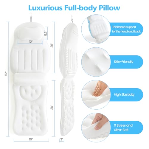 Full Body Bath Pillow for Bathtub,Thick Bathtub Cushion Soft 5D Mesh Spa Cushion,Luxury Tub Pillow with Laundry Bag for Headrest Neck and Back Support,Gift for Soaking (White)