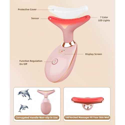 7 Color Face and Neck Massager Light Therapy, Red Light Based Facial Massager for Skin Care, Firming, Smoothing (Rose Golden)