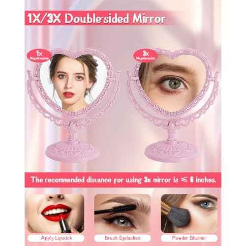 Pink Heart Mirror for Desk Cute Coquette Room Decor Small with Stand,Vanity & Bathroom Double-Sided Rotating Makeup Table Mirror