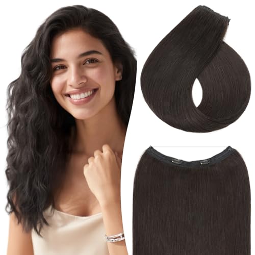 TESS Human Hair Extensions Halo Remy Hair 18 Inch Straight Adjustable Invisible Wire Easy to Use Clip in, Natural black