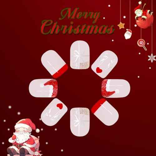 Christmas Press on Nails Short Square Fake Nails with Elk Design Santa Hat Glue on Nails Red French tips Stick on Nails Glossy Reusable Silver Gifts False Nails for Women Girls Holiday Manicure 24pcs