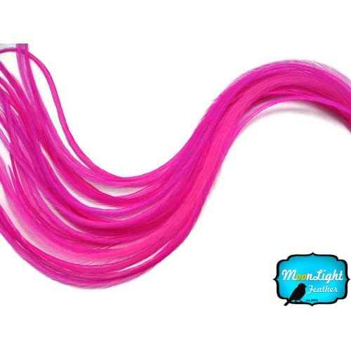 Moonlight Feather, Hair Feathers - Solid Hot Pink Thin Long Rooster Hackle Hair Extension Feathers - 10 Pieces