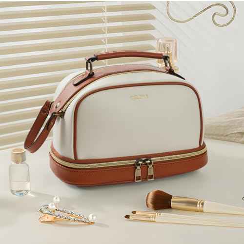 Travel Cosmetic Toiletry Makeup Bag - Multifunctional Essentials Organizador,Water Resistant Accessories for Women & Girls,Portable Toiletries kits,Beige Withe