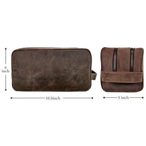 RUSTIC TOWN Full Grain Leather Travel Toiletry Bag - Cosmetic Ditty Kit Organizer (Dark Brown)