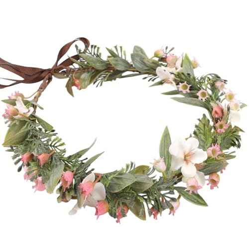 Pink Flower Crown Headband - Handmade Fairy Floral Headbands Green Leaf Flower Headpiece for Women Girls Bridal Renaissance Hair Accessories Birthday Vacation Festival Party Headwear