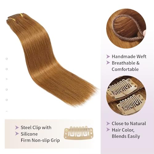 Remy Hair Extensions clip ins Hair Etensions for Women #30 Light Brown Double Weft Natural Hair Extensions Straight 8Pcs Soft and Thick 18inch 90g