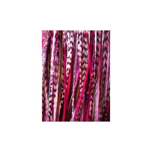 Feather Hair Extension ? Pink Feathers With 2 Glitter Strands, All Bonded Together at the Tip, Ranging From 7 to 11 Inches in Length, With a Total of 5 Feathers