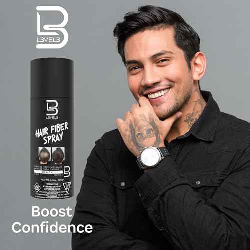 L3 Level 3 Black Hair Fiber Spray - Covers Bald Spots & Thinning Hair - Instant Gray Coverage & Thicker Hair Appearance