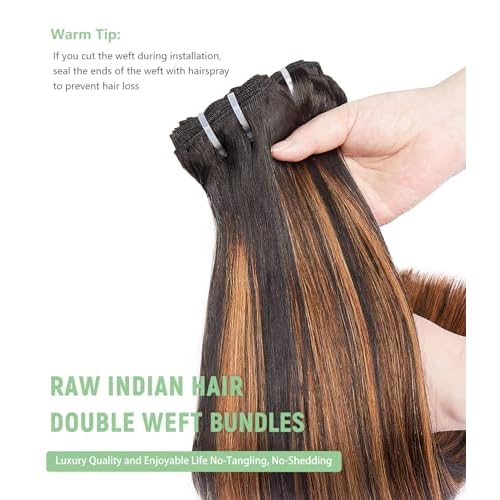 mlip Raw Bundles Human Hair Straight, No Tangle Shedding, Keep Texture Silky Soft After Multiple Washes, 15A Raw Indian Hair Bundles 16 Inches, Brown Highlight Bundles