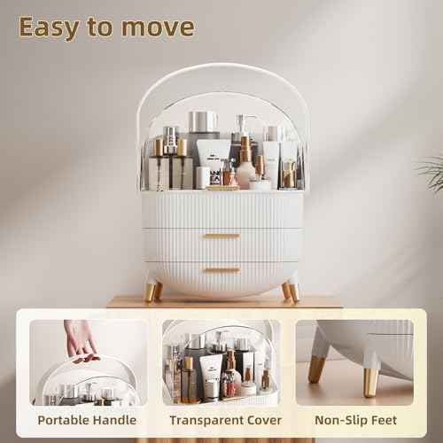 Makeup Organizers Countertop, Makeup organization for Vanity, Cosmetic Storage with Lid and Drawers, Skincare Display Cases with for Desktop, Bathroom (White)