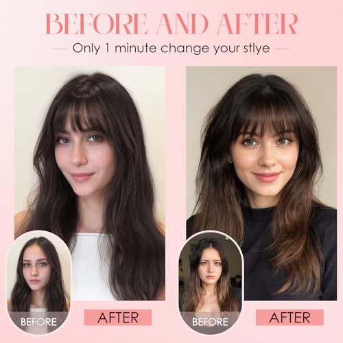 S-noilite Hair Toppers for Women with Bangs Real Human Hair 360¡Æ 3D Cover Clip in Bangs 2X6 Coverage Clip in Hairpiece for Women with Thinning Hairline 10Inch (Dark Brown)