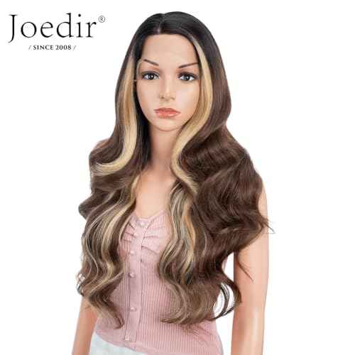 Joedir 26" Big Curly Wavy Supreme Free Parting HD Lace Frontal Wigs With Baby Hair High Temperature Synthetic Wigs For Women(Ombre Brown Highlights Color)
