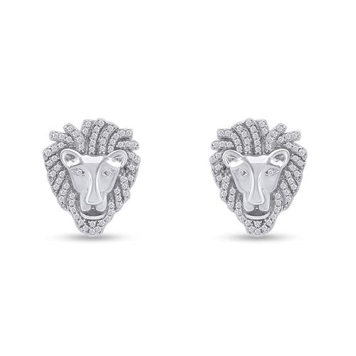 Lion Head Stud Earrings for Men in 14K Gold Plated 925 Sterling Silver with White Cubic Zirconia or Moissanite ? Animal Face Men¡¯s Jewelry Gift for Him, Push-Back