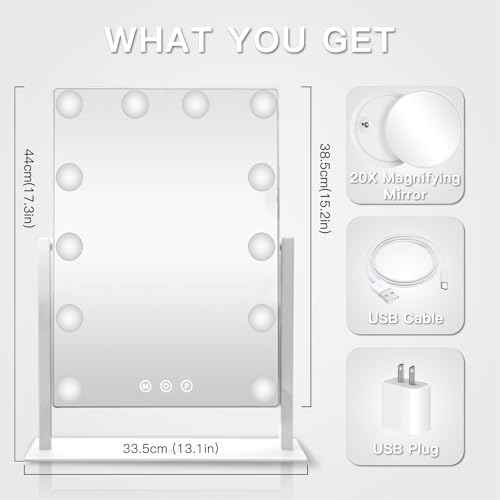HIEEY Hollywood Makeup Mirror with 12 Dimmable Bulbs Lights, Three Color Lighting Modes, with 4in 20X Magnification Mirror, Smart Touch Control, 360¡ÆRotation (White,Gift Box)