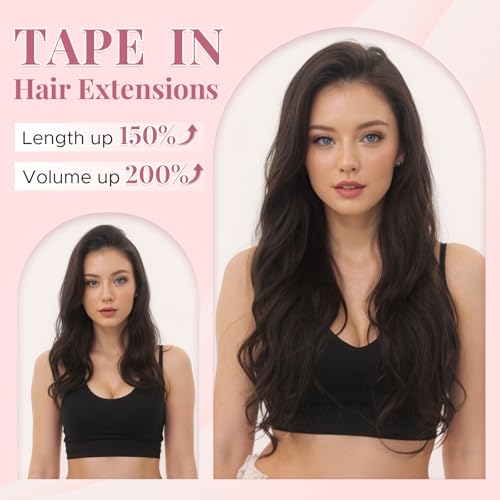 Wavy Tape In Hair Extensions Real Human Hair with Double-Sided Adhesive Professional Hair Extensions for Women 40pcs Body Wave 14 Inches Dark Brown