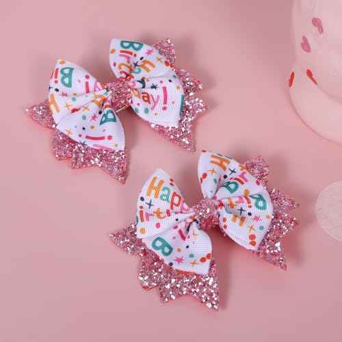 3.5" Birthday Bow Hair Clips for Girls 1 2 3 4 5 6 Years Glitter Pink Ribbon Bowknot Barrettes Alligator Pins for Teens ToddlerKids Happy Birthday Party Dress Decor Accessories Gift