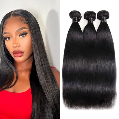 12A Straight Human Hair Bundles 3 Pcs 16 Inch 100% Real Human Hair Extension Unprocessed Brazilian Virgin Human Hair Quick Weave Straight Bundles Human Hair Natural Color for Black Women