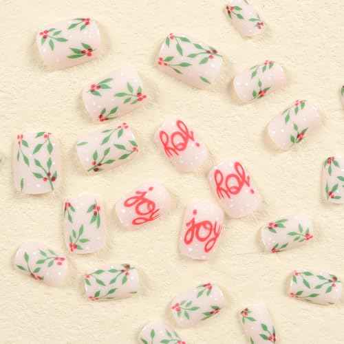 24Pcs Christmas Press on Nails Short Square Fake Nails Red False Nails Press Ons With Christmas Fruit Letter Printing Design Nail Stick on Nails Acrylic Manicure Kit Nail for Women Decor