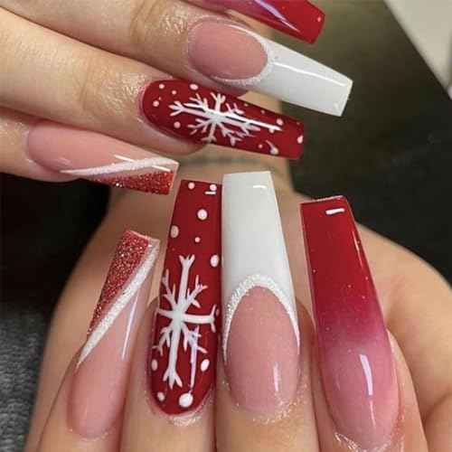 Christmas Press on Nails Long Coffin Red Fake Nails Pink Gradient with Snowflake French Tip Design Glue on Nails Acrylic Glitter Glossy Full Cover Stick on False Nails for Women Manicure 24pcs