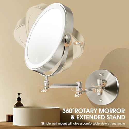 Wall Mounted Lighted Makeup Mirror, 8" Rechargeable Double-Sided Light up Magnifying Mirror 1x/10x, 3 Color Led Vanity Mirror with Lights, Touch Dimmable 360¡Æ Rotation Foldable-Nickel