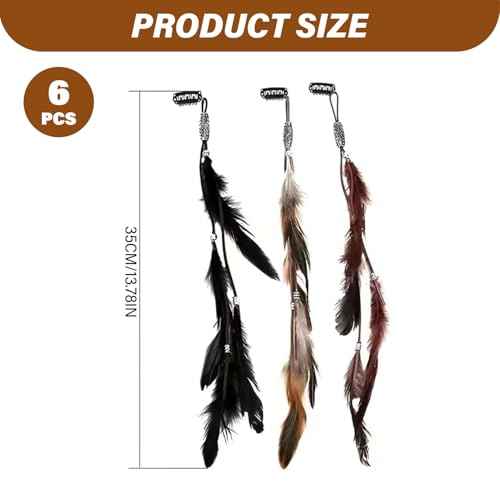 6PCS Hair Feathers Clip In, 14 Inch Hair Feathers Extensions with Braided Beads for Women Cosplay Costume Summer Extensions