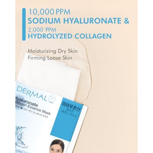 DERMAL Hyaluronate Collagen Essence Facial Mask Sheet 23g Pack of 100 - Hydro Boost Moisturizing for Dry Skin, Smoothing Fine Lines Wrinkles, Daily Skin Treatment Solution Sheet Mask