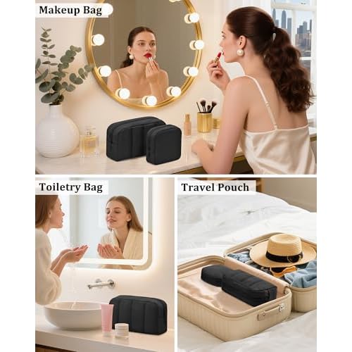 oscaurt 2 Pcs Makeup Bag Travel Toiletry Bag for Women Puffy Padded Cosmetic Pouch Purse Wide-open Makeup Organizer Case Travel Essentials