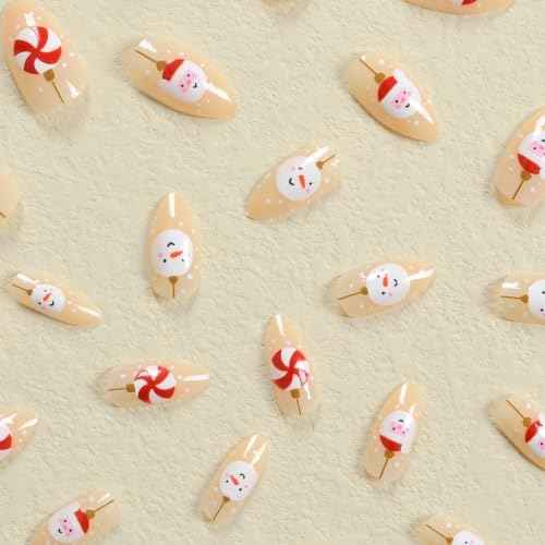 Christmas Press on Nails Almond Nude Fake Nails with White Snowman Design Glossy False Nails Acrylic Nails Full Cover Glue on Nails Stick on Nails for Women and Girls