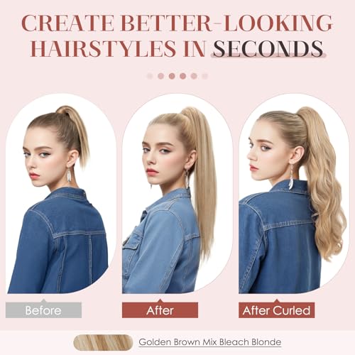 Human Hair Claw Clip Ponytail,Prokyvity Claw Clip Ponytail Extension 100% Human Hair for Women,Style in Seconds Quick Styling Solutions for Busy Lives,14"/105g Golden Brown Mix Bleach Blonde