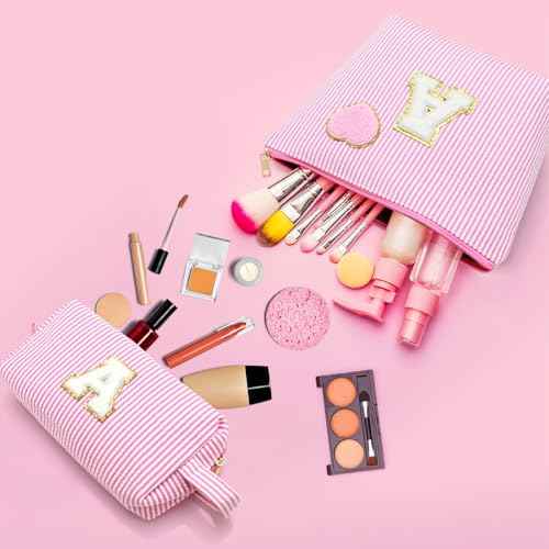 Initial Makeup Bag Personalized Preppy Cosmetic Bag Trendy Toiletry Travel Bag For Teen Girls Kids Women Letter Makeup Pouch Purse Holiday Gifts Birthday Christmas Gifts 2pack (A, Blue)