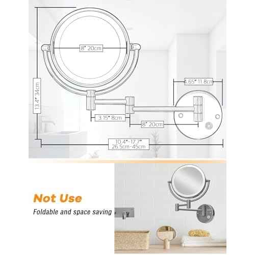Wall Mounted Lighted Makeup Mirror with Magnification 5X, Rechargeable Magnifying Shaving Cosmetic Mirror with Extendable Swing Arm for Bathroom, Touch Stepless Dimming, Chrome