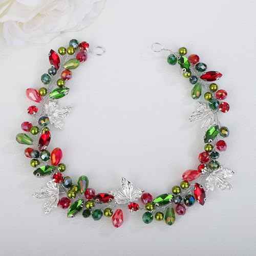 Teyglen Bride Crystal Wedding Hair Vine Bridal Red Green Rhinestone Pearl Headband with Butterfly Christmas Headband Rhinestone Headpiece Xmas Party Hair Accessories for Women Girls