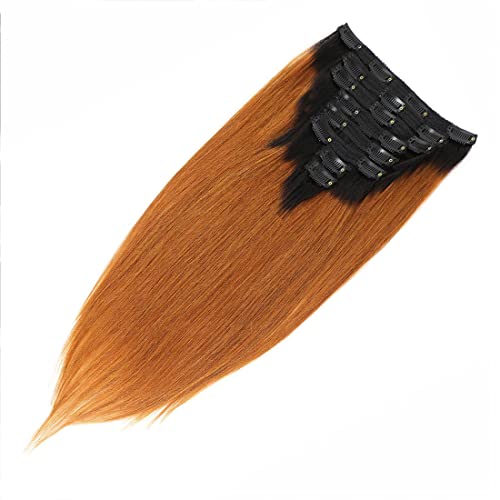 Ombre Clip in Hair Extensions Straight Human Hair 140g 100% Human Hair 8Pcs Total of 18 Clips #1B/30 Brown Hair Extensions for Black Women Hair (22 Inch, 1B/30 Brown£©