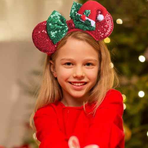 Christmas Bow Headbands Red Mouse Ear Hairbands Green Glitter Bow Hair Hoop Red Christmas Hat Headband Design Red Green Glitter Bow Headband Headband for Christmas New Year Party Hair Accessories