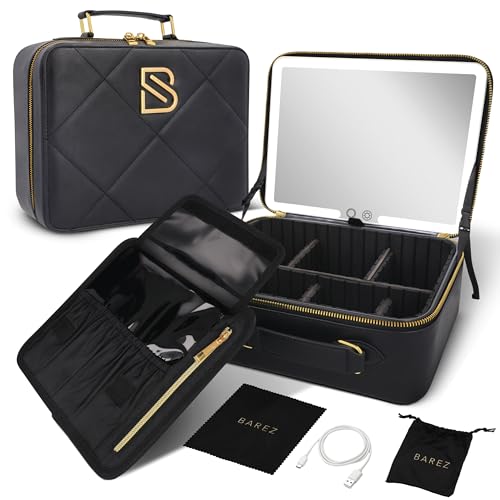 BAREZ Premium PU Leather Makeup Bag With LED Mirror - 3 Brightness Mirror Light Settings - Adjustable Dividers - Removable Mirror Waterproof Cosmetic Travel Bag (Black)