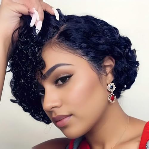 Short Curly Lace Front Wig for Black Women Human Hair Bob Wig Pre Plucked 13x4 Lace Wig Wavy Pixie Cut Wig 1B Color 150% Density