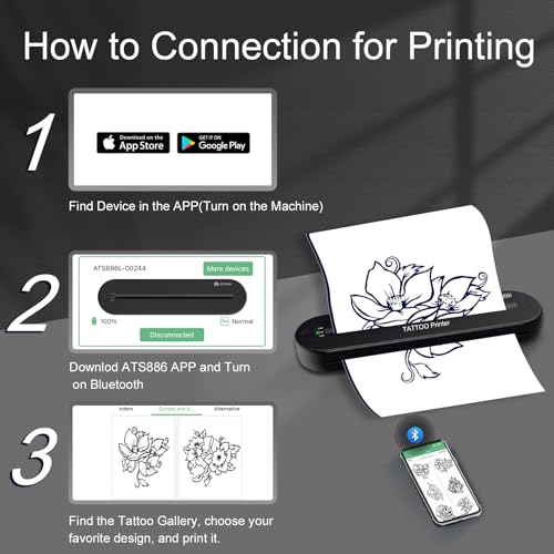 YILONG Bluetooth Tattoo Stencil Printer, Tattoo Thermal Machine with 15 Pcs Tattoo Transfer Paper, Portable Tattoo Transfer Copier Machine for Tattoo Artists and Beginners, ATS886L