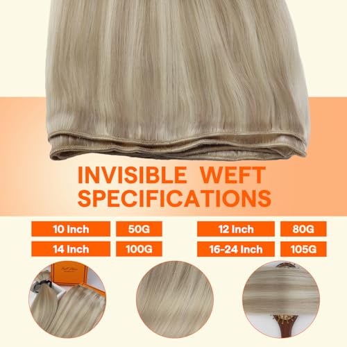 Full Shine Weft Hair Extensions Ash Blonde Hair Wefts Human Hair Sew in Blonde Highlight Human Hair Weft Extensions Full Ends Double Weft Remy Hair Extensions 20 Inch 105g #18/613