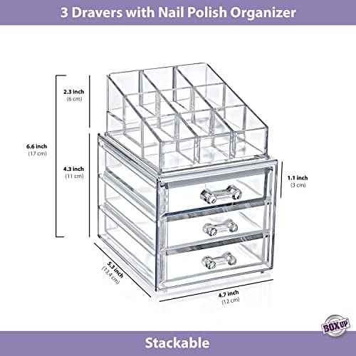 Boxup Makeup Organizer - 3 Drawers Holder And Skin Care Desk Accessories, Cute Small Beauty Cosmetics Table Organizers For Women & Teen Girls, Pretty Lip Stick Gloss Storage Stand