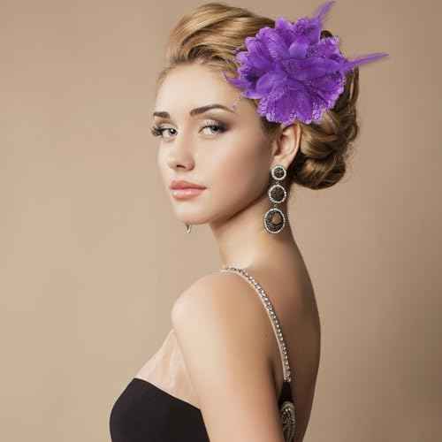 Purple Feather Hair Clip - Ladies Artificial Flower Brooch Hairpin Barrette for Girl Headwear Dress Up - Halloween, Christmas, Valentine, Wedding, Prom