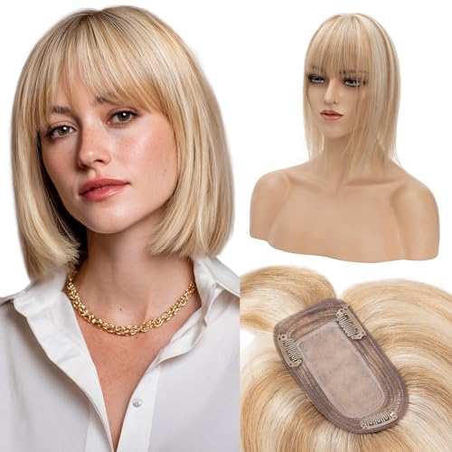 S-noilite Human Hair Toppers for Women with Bangs 100% Real Human Hairpiece 5"x3" Clip in Silk Base Topper Piece Cover Thinning Fine Hair 14 inch Golden Brown Highlighted Blonde
