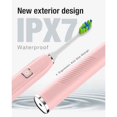 7AM2M Sonic Electric Toothbrush with 6 Brush Heads for Adults&Kids, One Charge for 120 Days, Wireless Fast Charge, 5 Modes, 40000VPM Powered Toothbrush, 2 Minutes Built in Smart Timer -Pink
