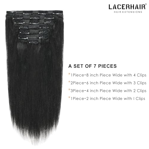 Lacer Thick Yaki Straight Clip in Real Human Hair Extensions, Light Yaki Straight Clip ins, Jet Black Color For Black Women Relaxd Hair 120G 7Pieces 22 inch