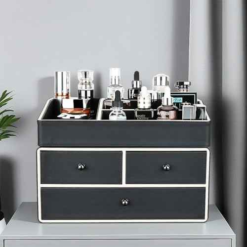 KINGFOM 2 Tier PU Leather Makeup Organizer with 3 Drawers, Cosmetic Storage Organizers for vanity Dresser Countertop and Bathroom Vanity, Beauty Holder for Lipstick Brush Skincare (Black)