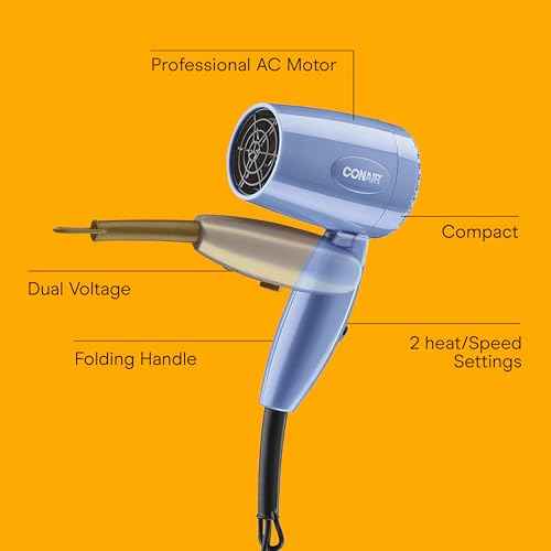 Conair Travel Hair Dryer with Dual Voltage, 1600W Compact Blow Dryer with Folding Handle, Blue