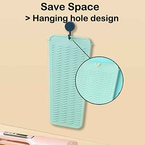 Heat Resistant Silicone Mat with Hanging Hole, Straightener Heat Resistant Travel Mat & Pouch for Curling Iron, Flat Iron and Other Hot Hair Styling Tools, 11 x 5 in, Green
