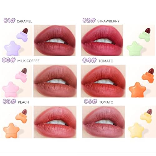 Mini Star Lipstick Set, 6Pcs Cute Long Lasting Matte Lipstick Set, Portable Colorful Velvet Lipsticks with Pink Cup, Suitable for Various Makeup