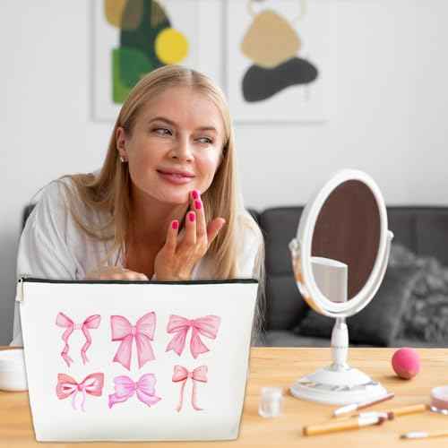 JioJio Chan Pink Bow Coquette Makeup Bag, Funky Pouch Gift for Teen Girls Women, Trendy Preppy PU Leather Cosmetic Bag, Cute Preppy Stuff, Birthday Gifts for Sister, Teen, Daughter, Bff, Friend